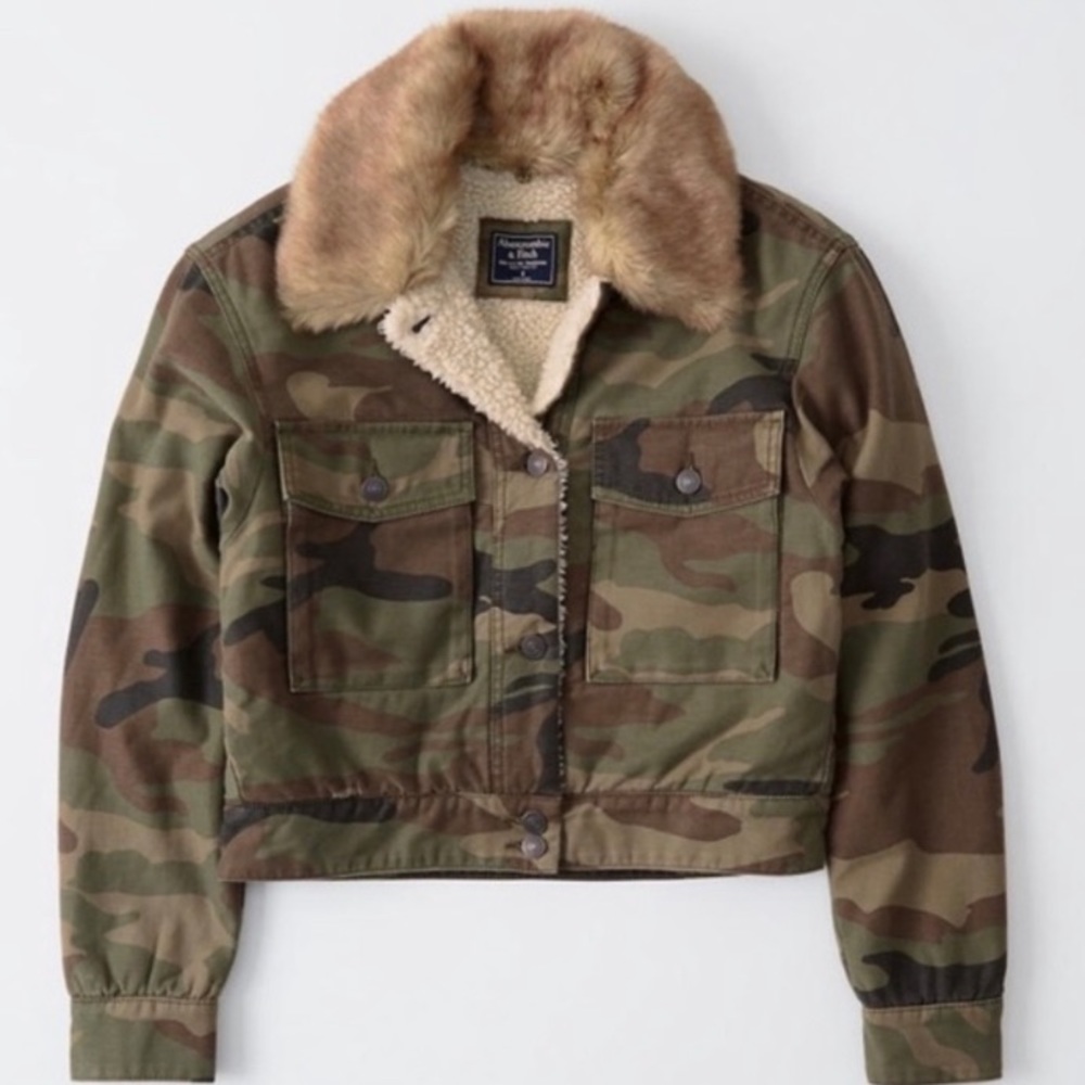 Abercrombie Camo Sherpa Fur Bomber Jacket